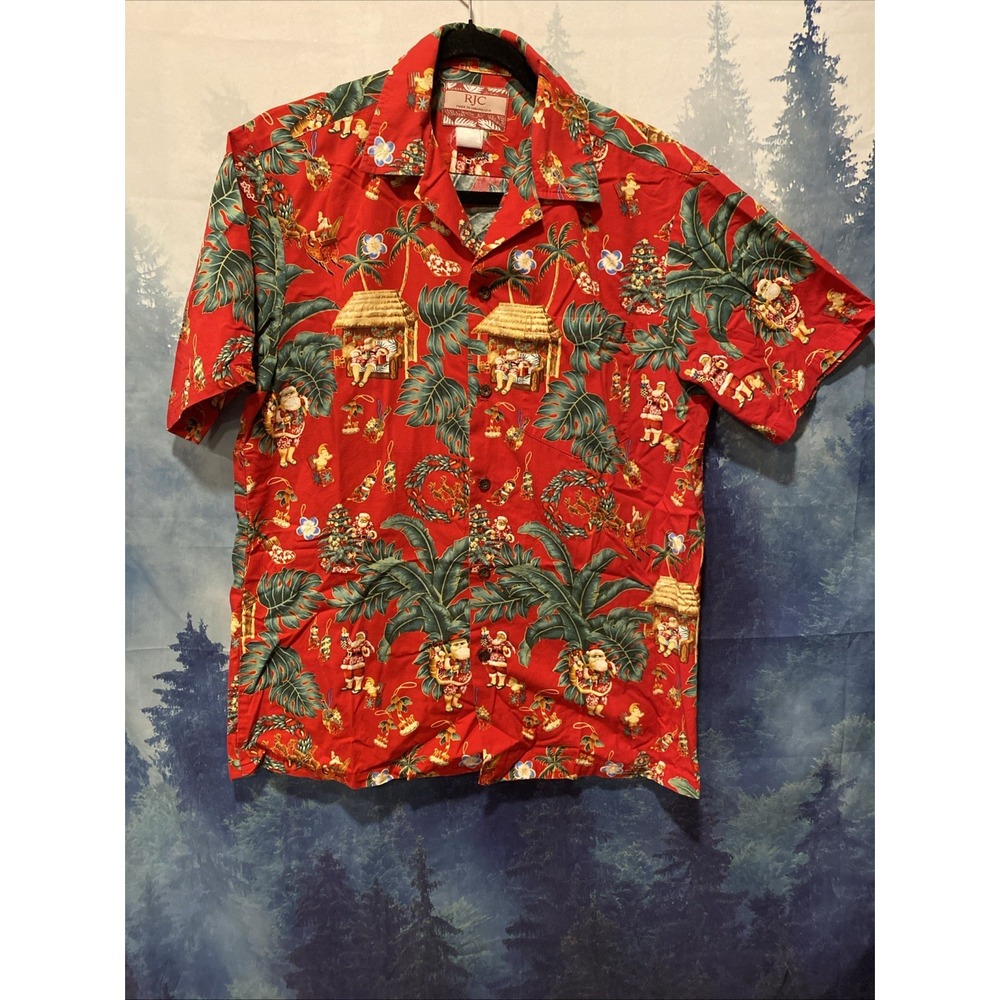 RJC Short Sleeve Button Up Hawaiian Shirt Santa All Over‎ Print Red Men's Medium